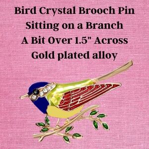 Bird on Branch Brooch - Brand New, No Tags -Crystal and Enamel -14K Gold Plated
